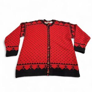 Vintage Women's Handknit Red Cardigan w Leather Buttons